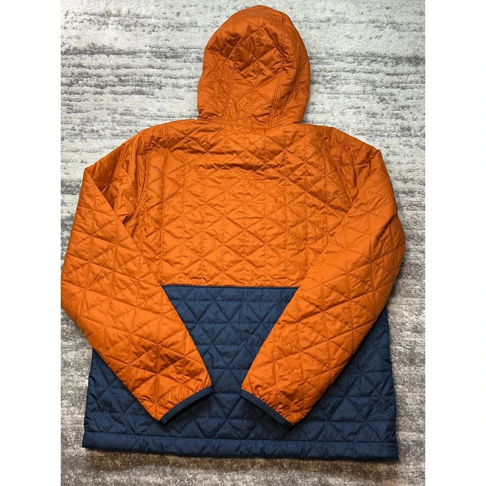 LL Bean Quilted Pullover Mens M Orange Navy Primaloft Hooded Anorak 503856